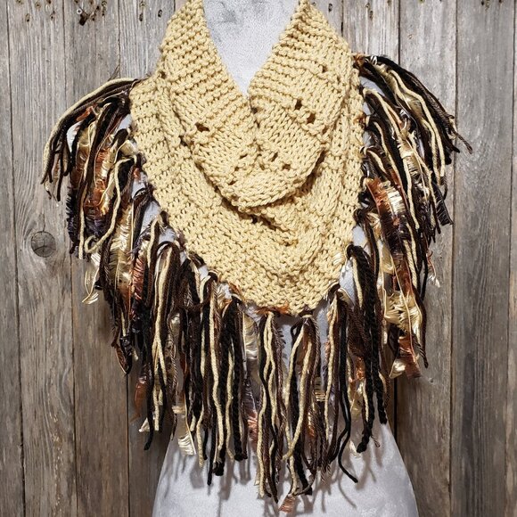 NEW Hand Knitted Beige Brown Black Infinity Boho Cowl Scarf Fringe Handmade - Picture 1 of 7